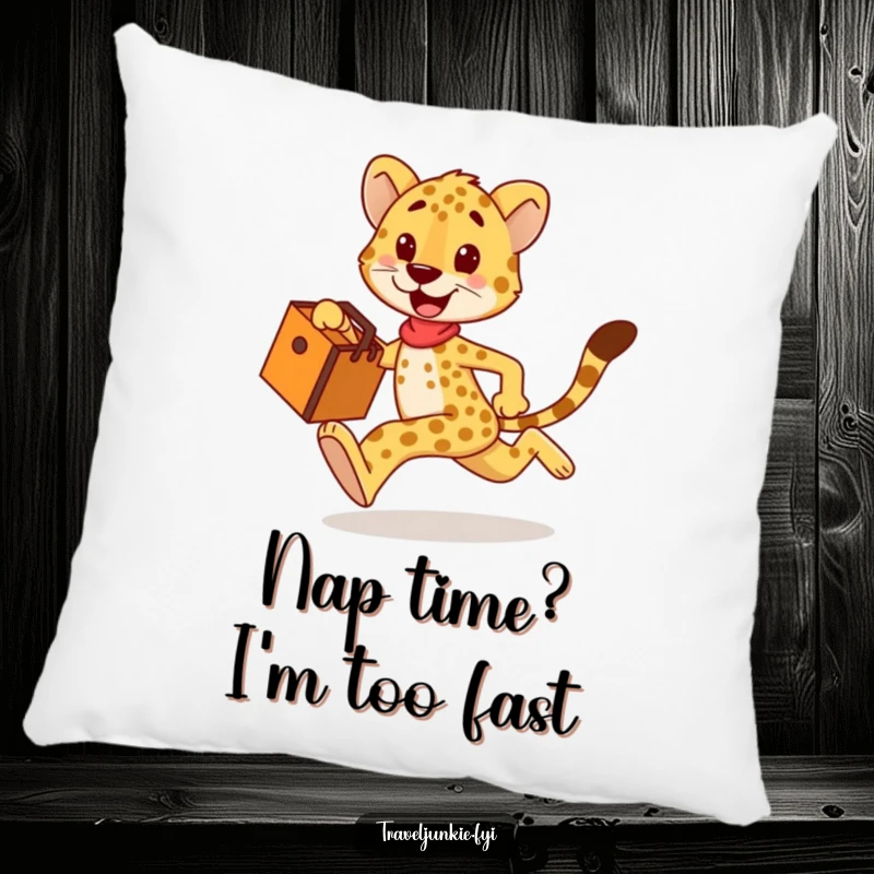 Funny cheetah pillow, soft comfortable cushion with a happy character sprinting with a travel bag, a humorous gift.