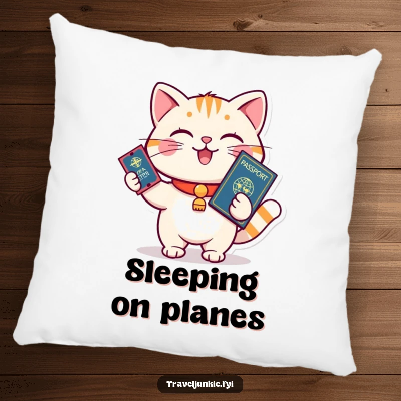Funny cat holding passport and ticket, ready to board, soft and cuddly pillow, perfect humorous gift.