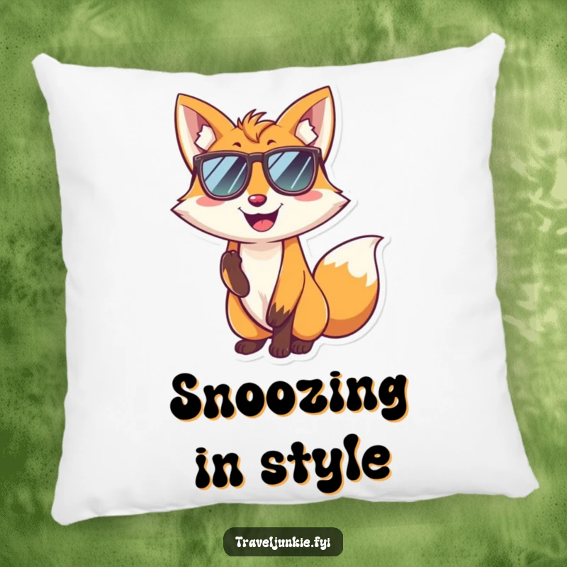 Funny fox pillow featuring a smiling character in sunglasses posing coolly, offering comfort with a humorous, stylish flair.
