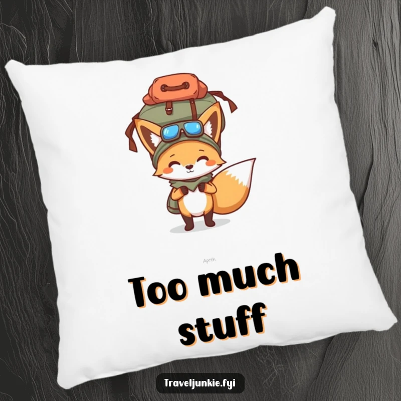 Funny pillow with a determined fox balancing an overflowing travel bag on its head, offering comfort and humor for relaxation.