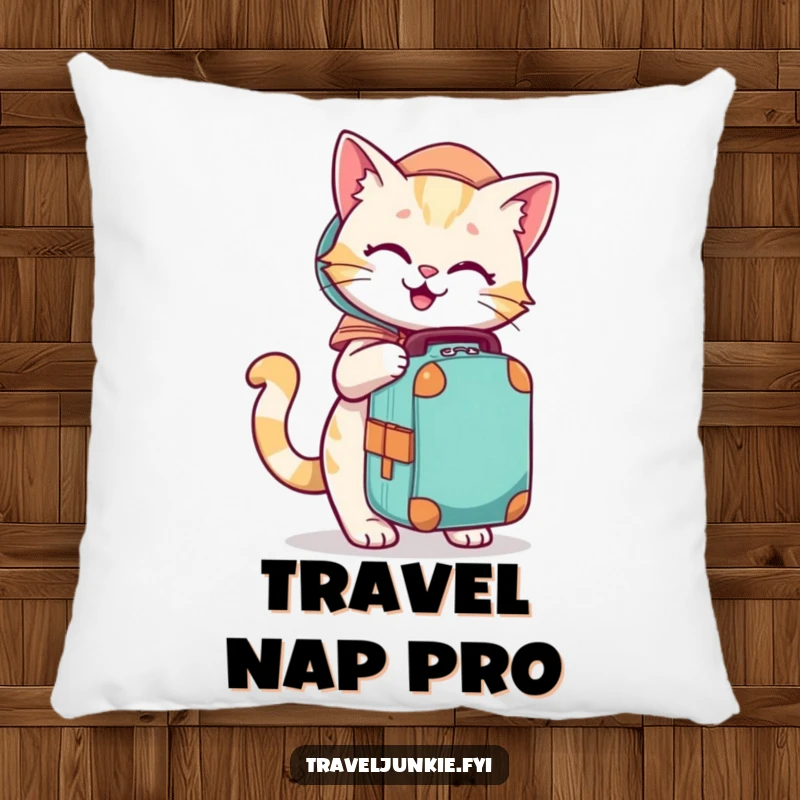 Funny pillow with a playful cat character eagerly packing a travel bag, offering cozy travel vibes.