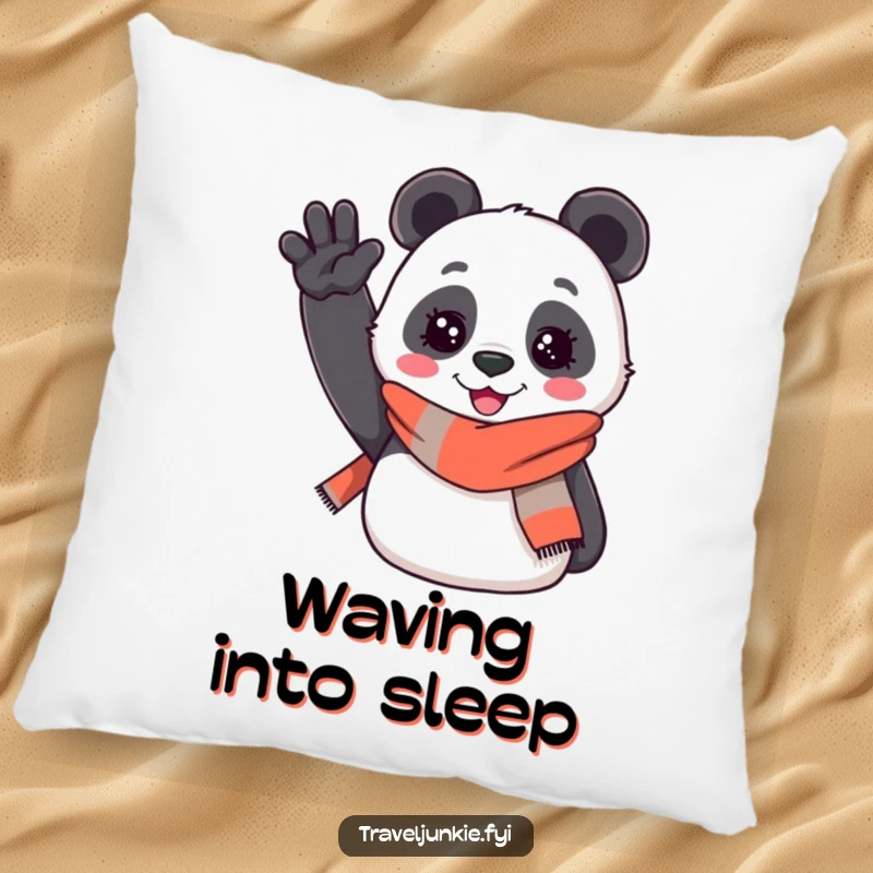Funny pillow: a cheerful panda wearing a travel scarf enthusiastically waves hello, offering cozy comfort and welcoming humor.