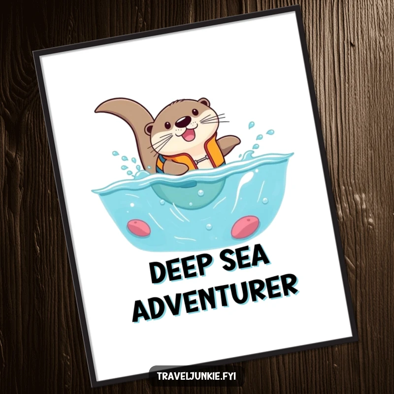 Funny otter wearing a life vest, comically diving into a tiny ocean, printable digital art, humorous aquatic decor.