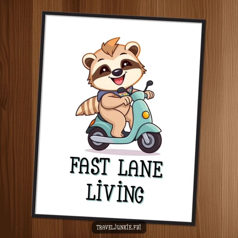 Funny, energetic sloth character on a scooter, available as a digital art print, ideal for instant home decor.