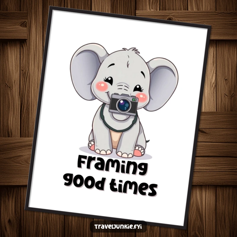 Funny cheerful elephant with a camera, posing for a photo, vibrant digital art, perfect humorous gift.