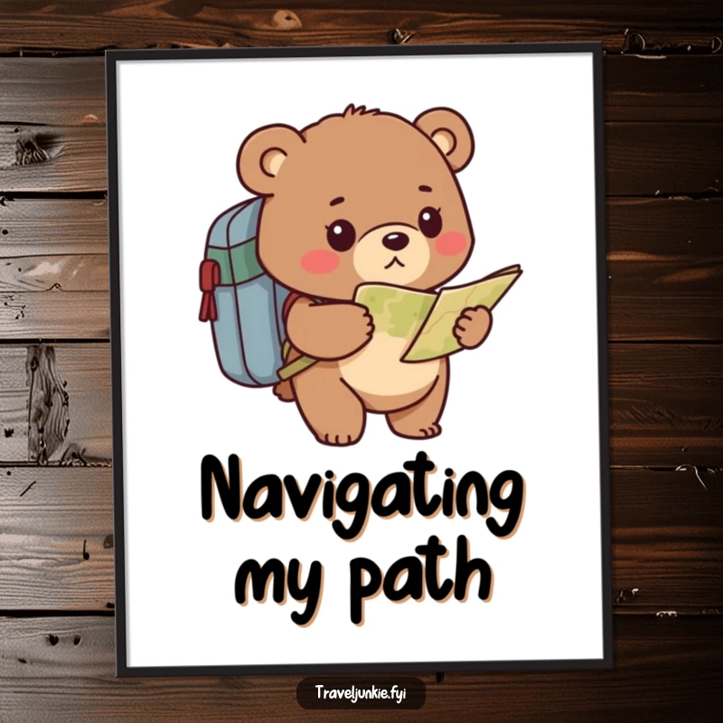 Funny bear digital art print of a determined character with a backpack and map, embodying humorous exploration and wanderlust.