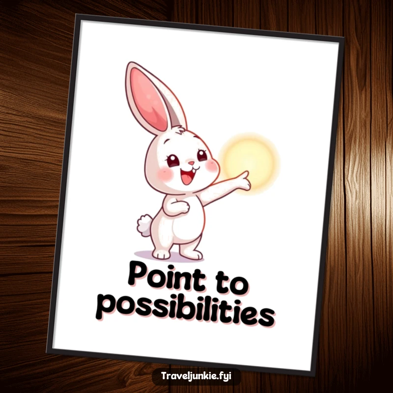 Funny digital art print of a bunny pointing at a shimmering horizon, perfect for instant download and adding inspirational, humorous decor.