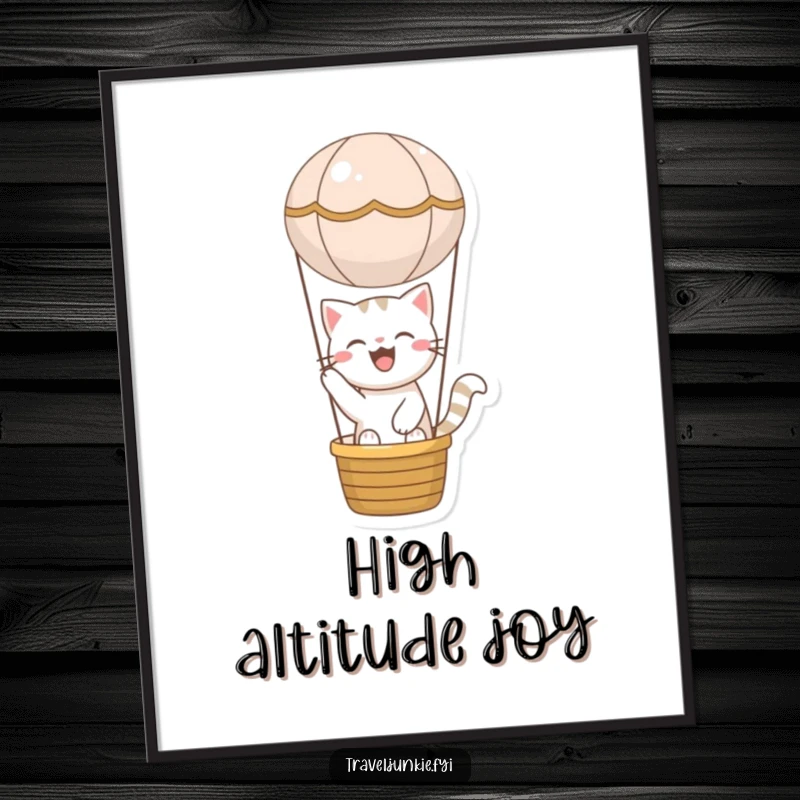 Funny cat digital art print of a joyful character riding in a miniature hot air balloon, radiating humorous delight and whimsical adventure.