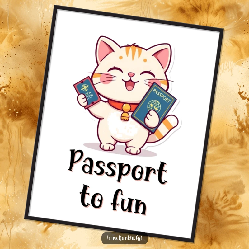Funny cat holding a passport and ticket, ready to board, vibrant digital art, perfect humorous gift.