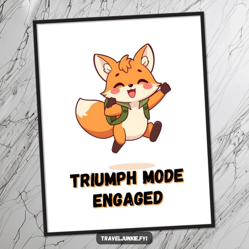 Funny Fox Jump Digital Art Print: Dynamic digital art of a playful fox with a backpack leaping triumphantly, embodying adventure.