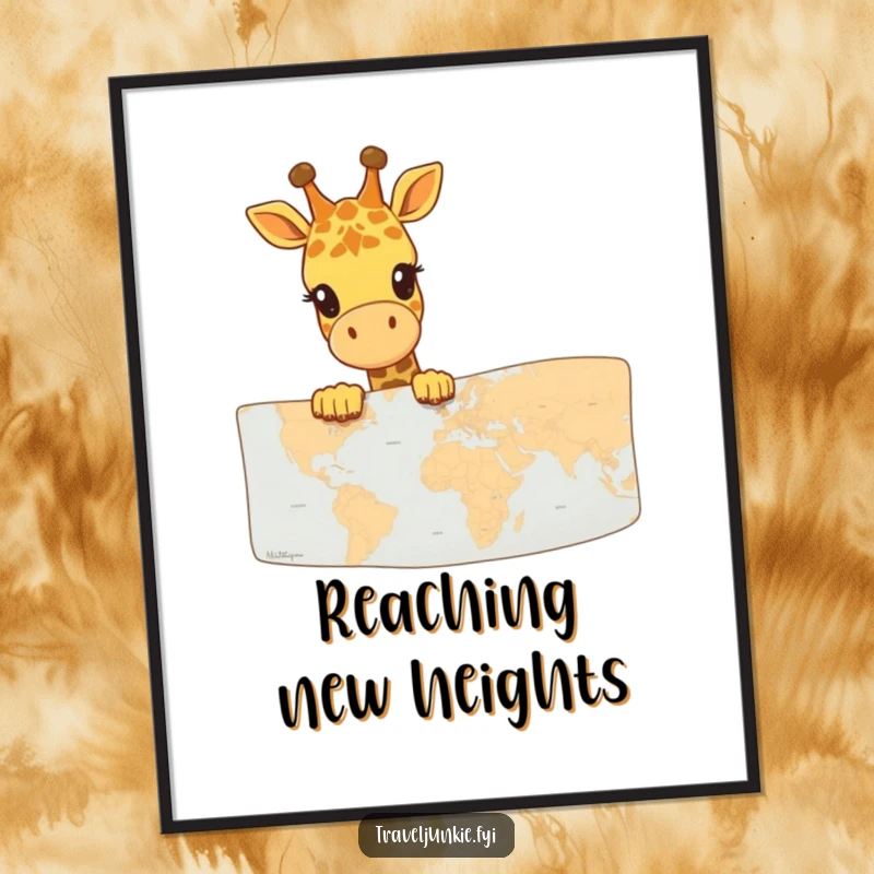 Funny Giraffe Map Explorer Digital Art Print: A happy giraffe peeking over a map, high-quality for instant, whimsical wall decor.