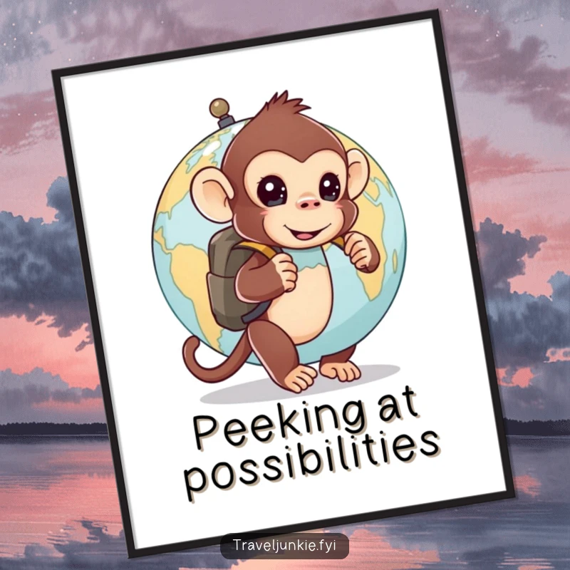 Funny digital art print: a curious monkey with a backpack peeks from behind a globe, capturing playful exploration and humor.