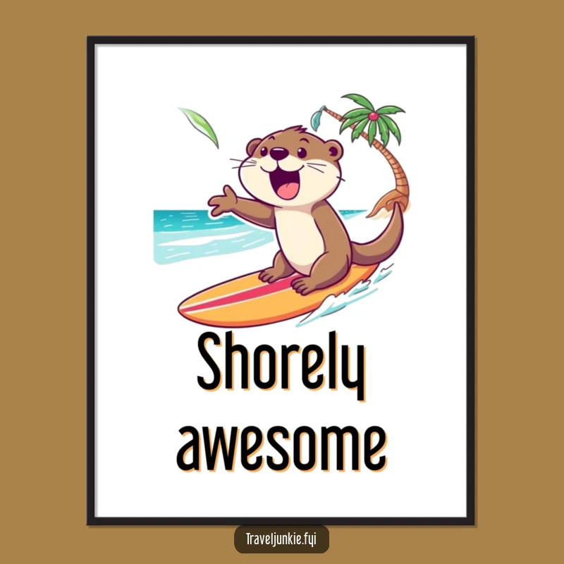 Funny Otter Surf Digital Art: Tropical Beach Artwork, Printable Excited Otter Rider Gift