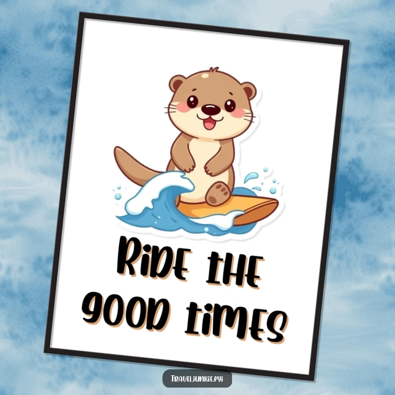 Funny Otter Digital Art Print: A smiling otter character playfully rides a small wave, embodying fun and freedom.