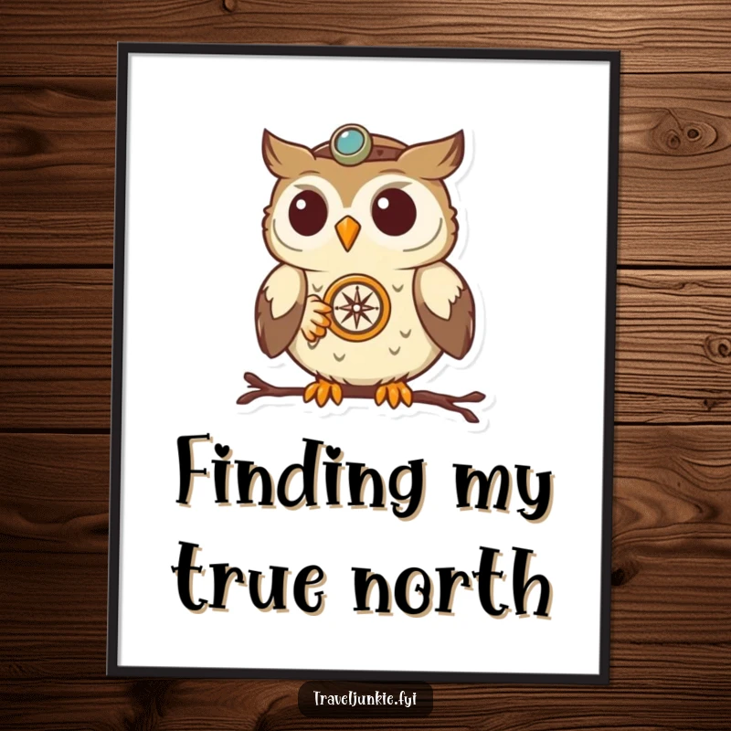 Funny Owl Navigator Digital Art Print: A determined owl with a compass, rendered in high quality for instant, humorous wall art.