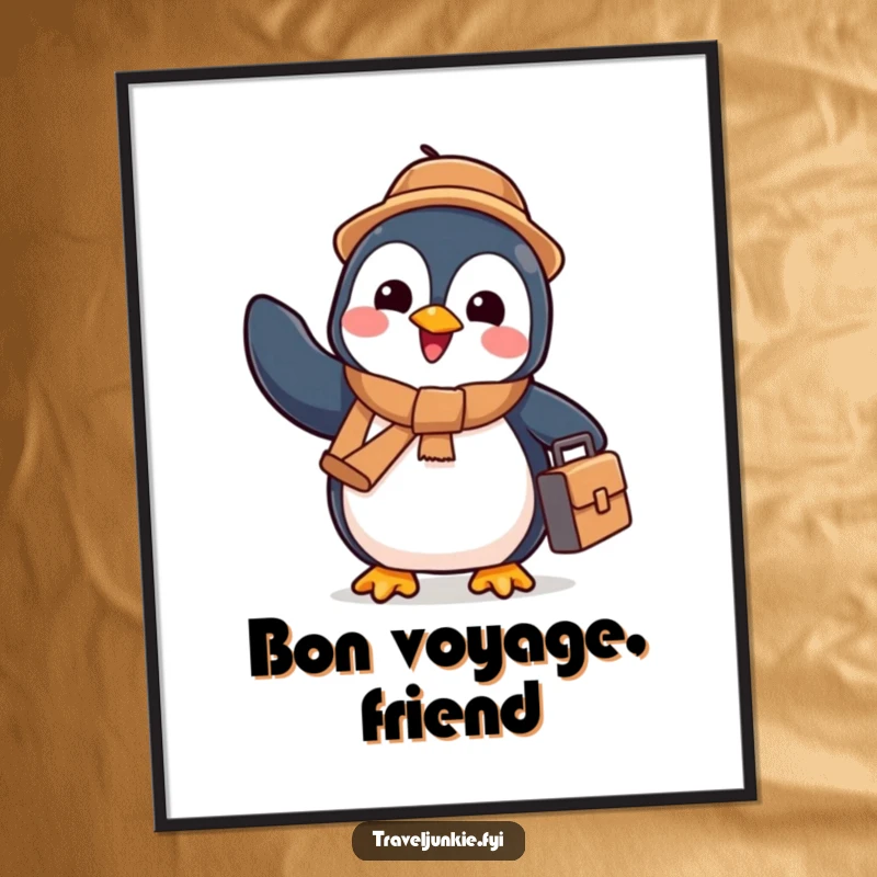 Funny penguin with a tiny suitcase waving goodbye enthusiastically, vibrant digital art, perfect humorous gift.