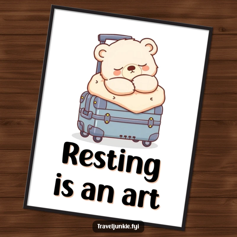 Funny sleepy bear cub snoozing, bundled on a rolling suitcase, printable digital art, adorable and humorous wall decor.