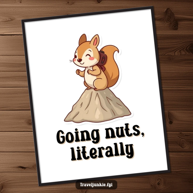 Funny squirrel digital art print, depicting a determined squirrel hiking up a small mountain, full of adventurous spirit.