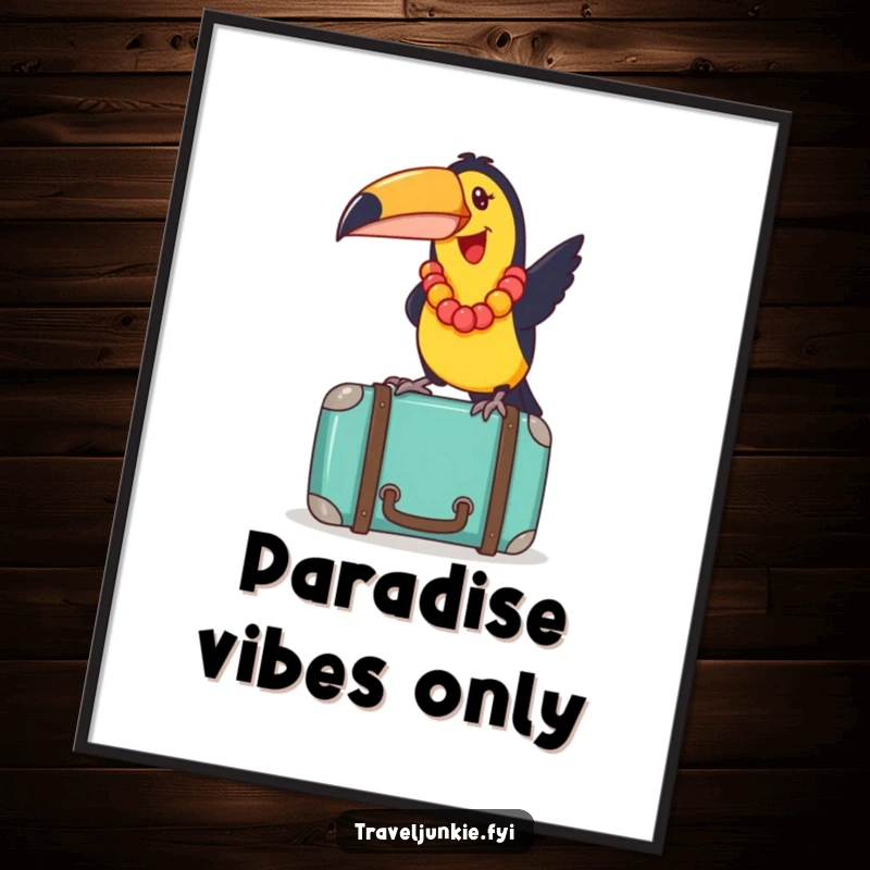 Funny toucan with a lei, playfully balancing on a suitcase, printable digital art, vibrant and humorous tropical decor.