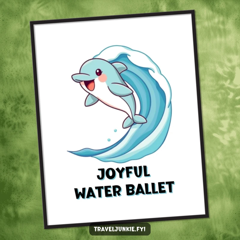 Funny dolphin digital art print featuring a jubilant character leaping from a stylized ocean wave, perfect for instant, humorous ocean wall decor.