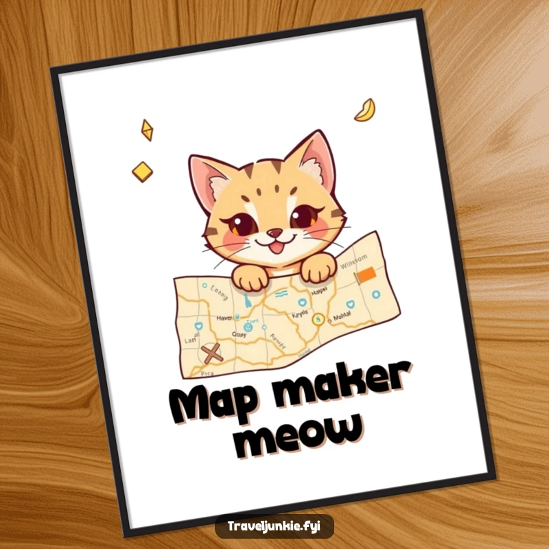 Funny cat digital art print featuring a mischievous character peeking from a travel map, perfect for instant, humorous travel wall decor.