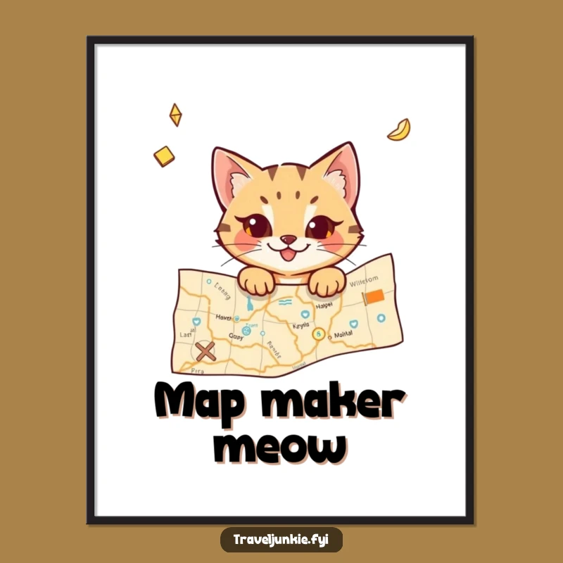 Funny Cat Digital Art: Mischievous Map Character Print for Instant Travel Decor