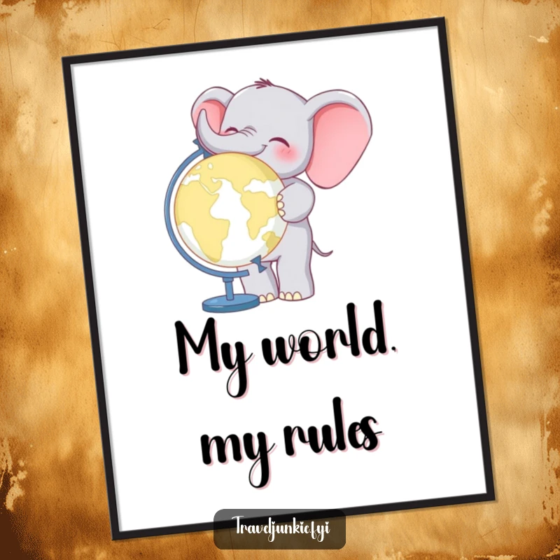 Funny Elephant World Traveler Digital Art Print: Artwork of a cheerful elephant with a globe, high-quality for instant, inspiring decor.