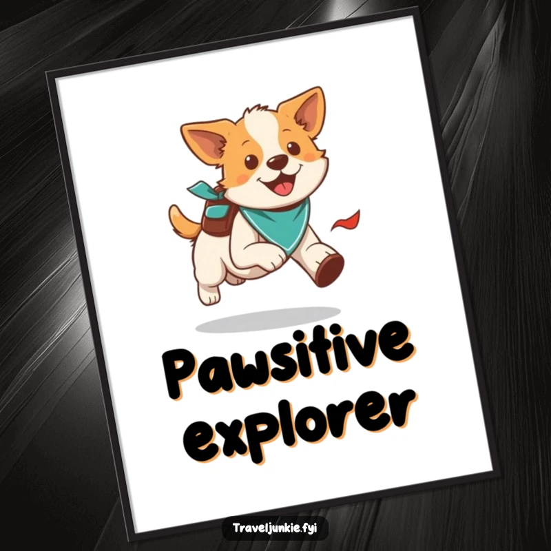 Funny energetic dog running with a bandana and backpack, vibrant digital art, perfect humorous gift.