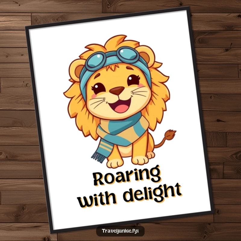 Funny Lion Travel Digital Art Print: Regal digital art of a happy, smiling lion wearing a travel scarf, embodying adventure.