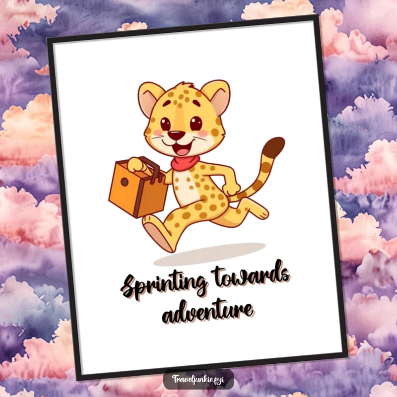 Funny cheetah digital art print, happy character sprinting with a travel bag, instant downloadable wall art and a funny gift.