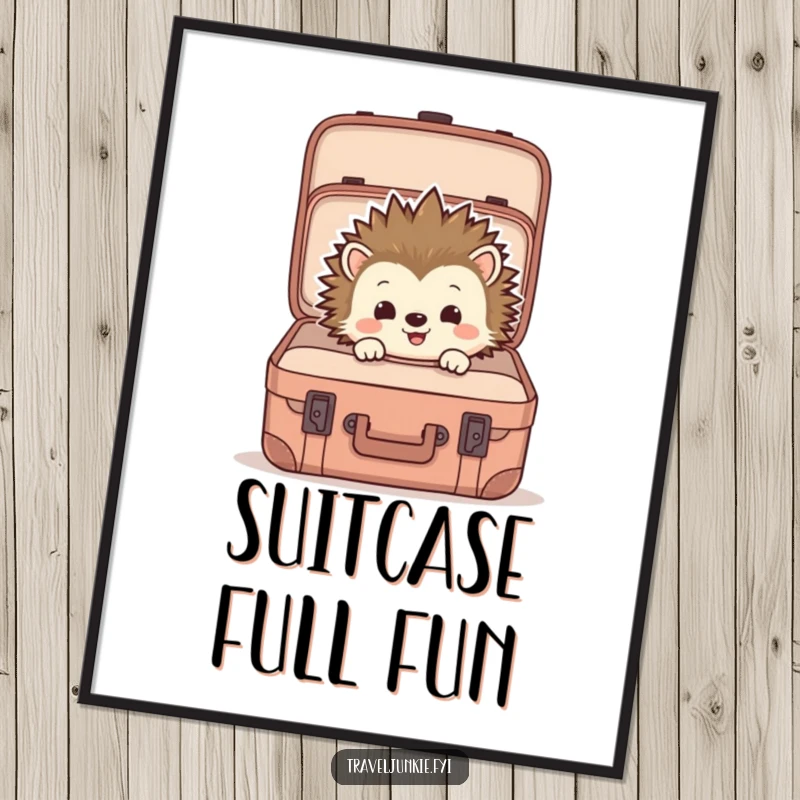 Funny digital art print of a hedgehog curiously peering into a suitcase, perfect for instant download and adding quirky, travel-themed decor.