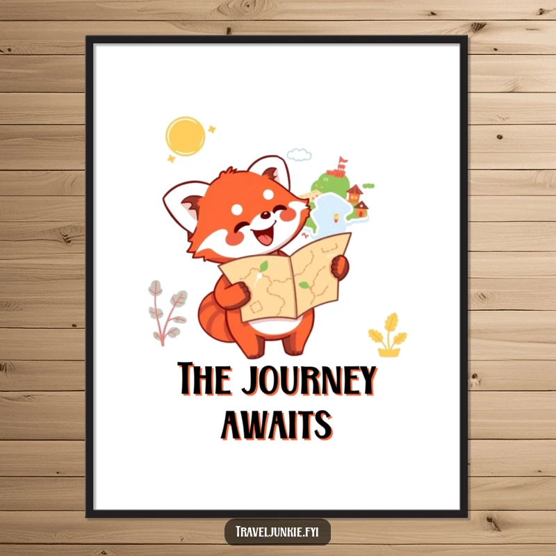 Funny Red Panda Digital Art Print: A happy red panda holds a map and points enthusiastically towards an unknown destination, printable art.