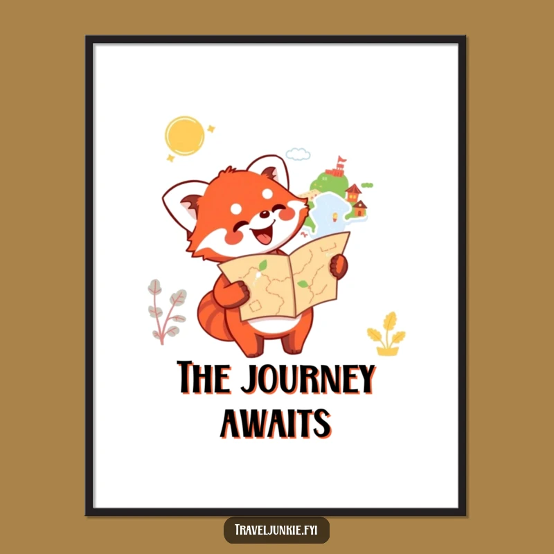 Funny Red Panda Map Digital Art: Explorer Artwork, Printable Whimsical Travel Gift