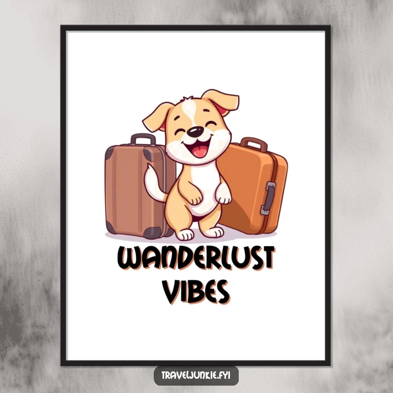 Funny Dog Digital Art Print: Happy dog with suitcase, conveying pure travel excitement, perfect for humorous and vibrant wall decor.