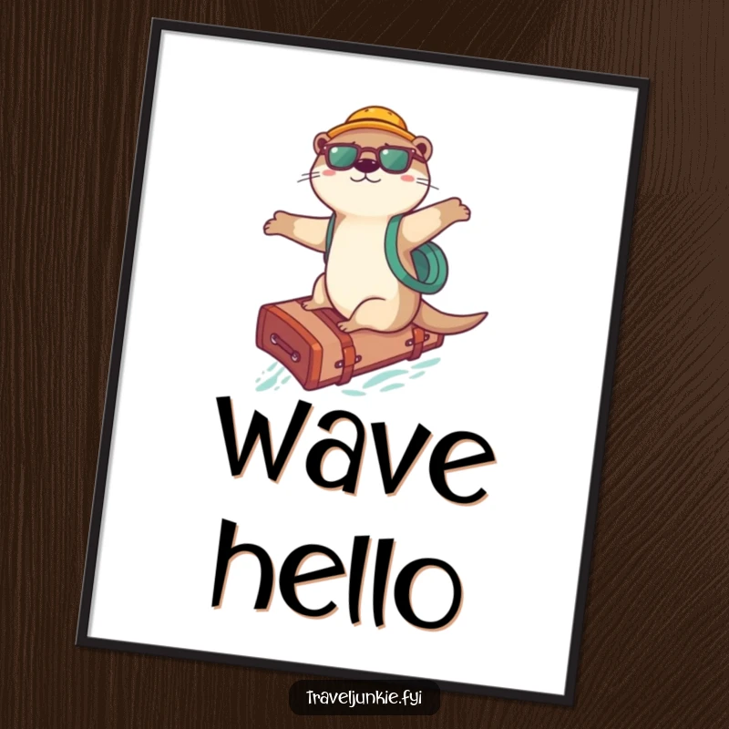 Funny Otter Surfer Digital Art: A downloadable print of a playful otter surfing on a suitcase, embodying fun, a funny gift.