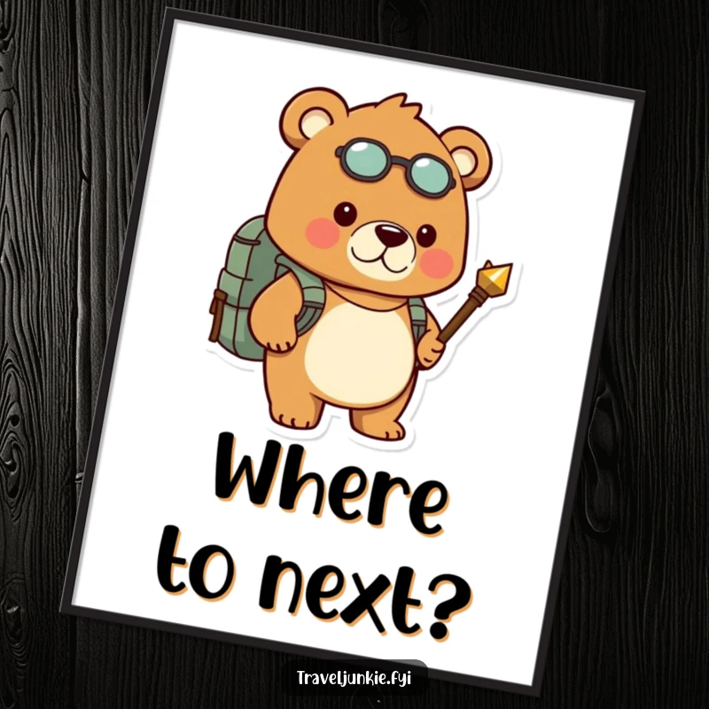 Funny digital art print features a resolute bear with backpack and compass, embodying adventurous humor and determination.