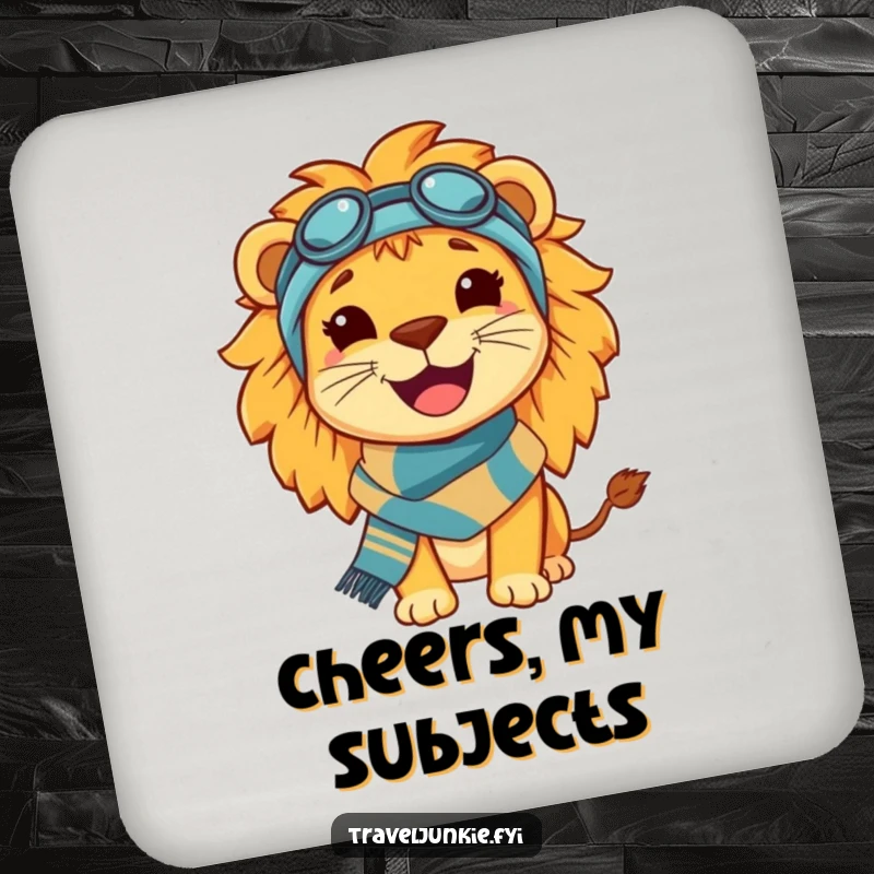 Funny Lion Travel Drink Coaster: A charming coaster featuring a happy, smiling lion wearing a travel scarf, ideal for travelers.