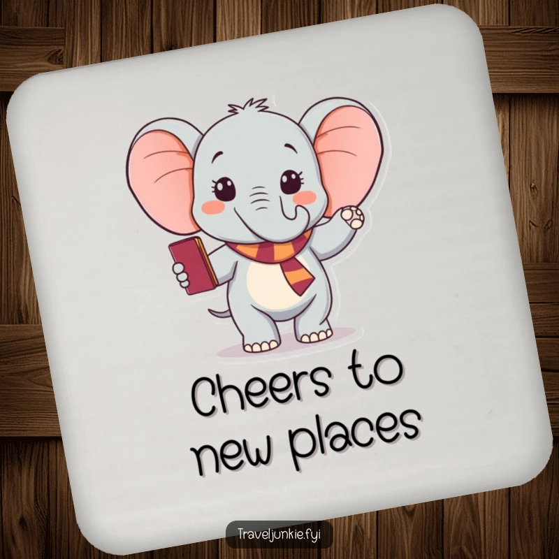 Funny elephant coasters, set of drink coasters with an excited traveler waving goodbye holding passport, a humorous gift.