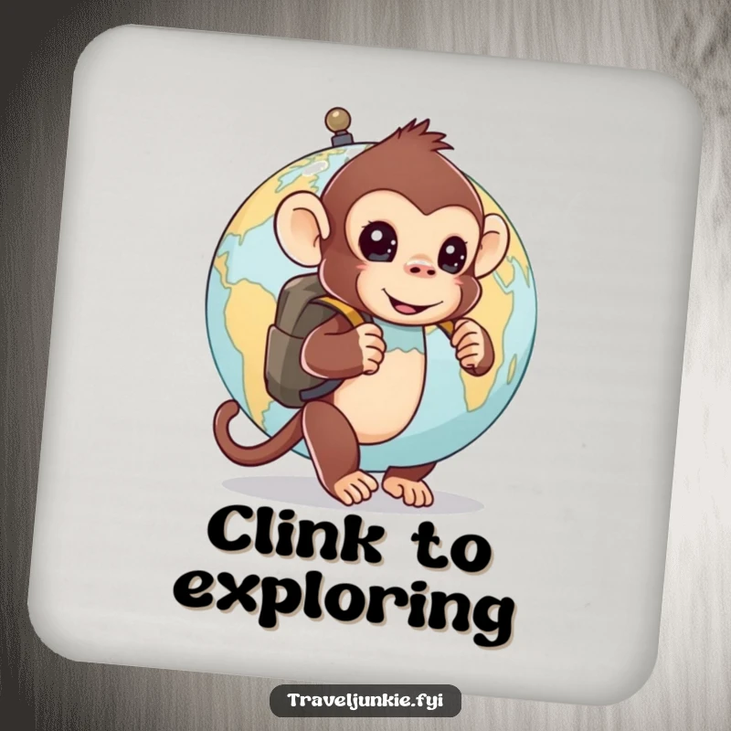 Funny coasters: a curious monkey with a backpack peeks from behind a globe, protecting surfaces with humorous curiosity.