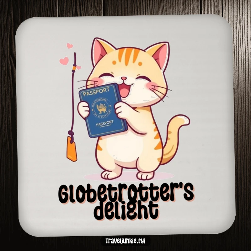 Funny cat coaster, with a happy cat playfully batting at a passport tag, adding a touch of travel fun.