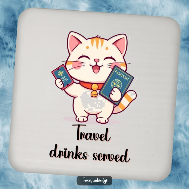 Funny cat holding a passport and ticket, ready to board, stylish coaster, perfect humorous gift.