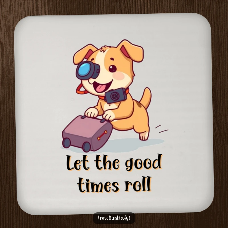 Funny dog coaster, a playful dog with a camera chasing a rolling suitcase, a humorous drink accessory.