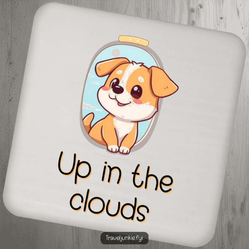 Funny Dog Travel Coaster: Coaster featuring a dog looking out an airplane window, adding travel humor to drink protection, funny gift.