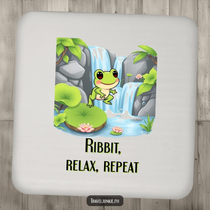 Funny frog character hopping onto a lily pad near a waterfall, a humorous design for protecting surfaces, a funny gift coaster.