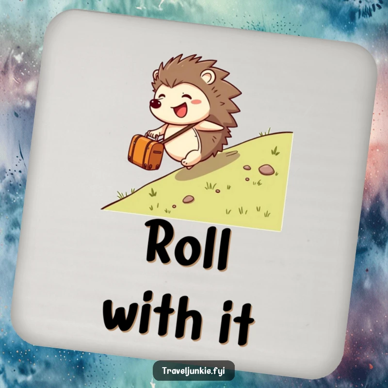 Funny hedgehog character rolling down a hill with a suitcase, depicted on a drink coaster, protecting furniture with charm.