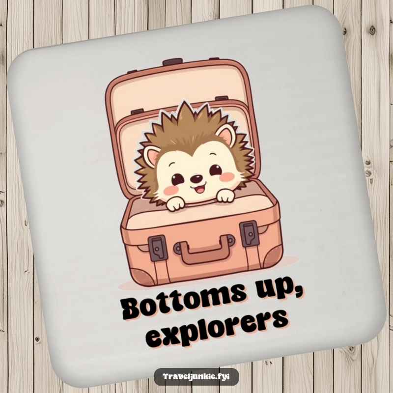 Funny drink coaster featuring a hedgehog curiously looking into a suitcase, providing surface protection with a quirky, travel-themed design.
