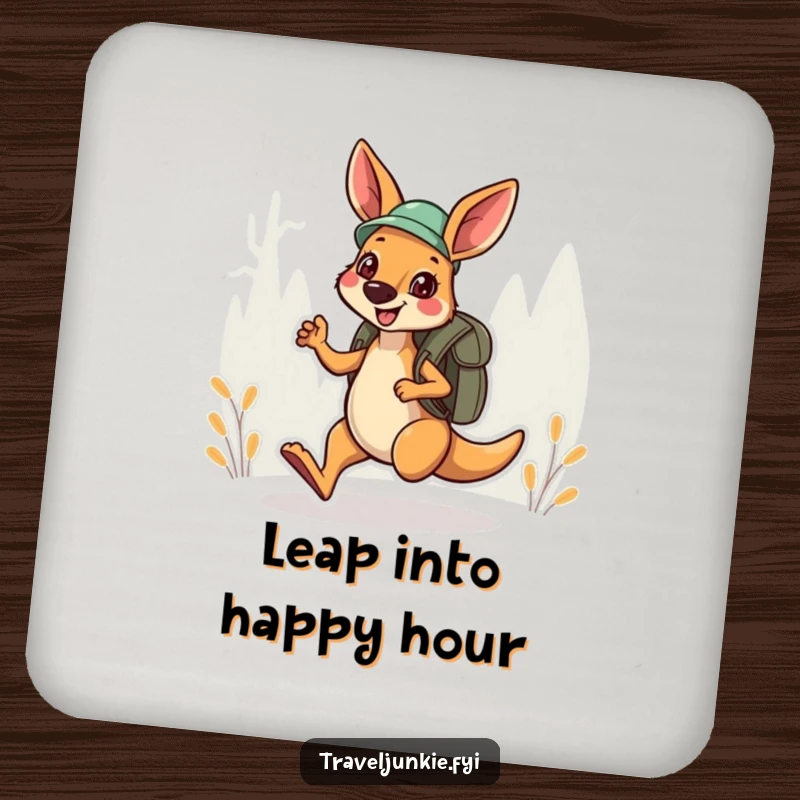 Funny Coaster: A cheerful kangaroo explorer hops with a backpack, adding humor to drink protection.