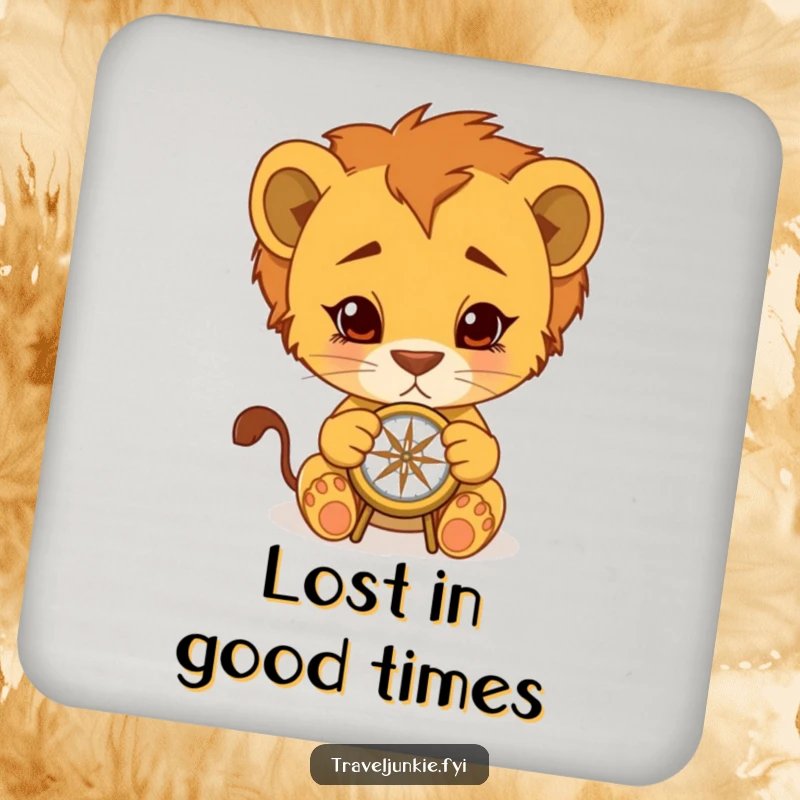 Funny Lion Cub Coaster: Small coaster with a cub examining a compass, adding humorous adventure to drink protection, funny gift.