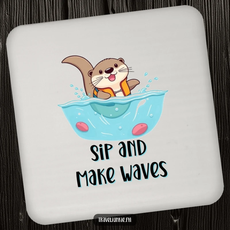Funny otter in a life vest, comically diving into a tiny ocean, a set of humorous coasters for drinks.