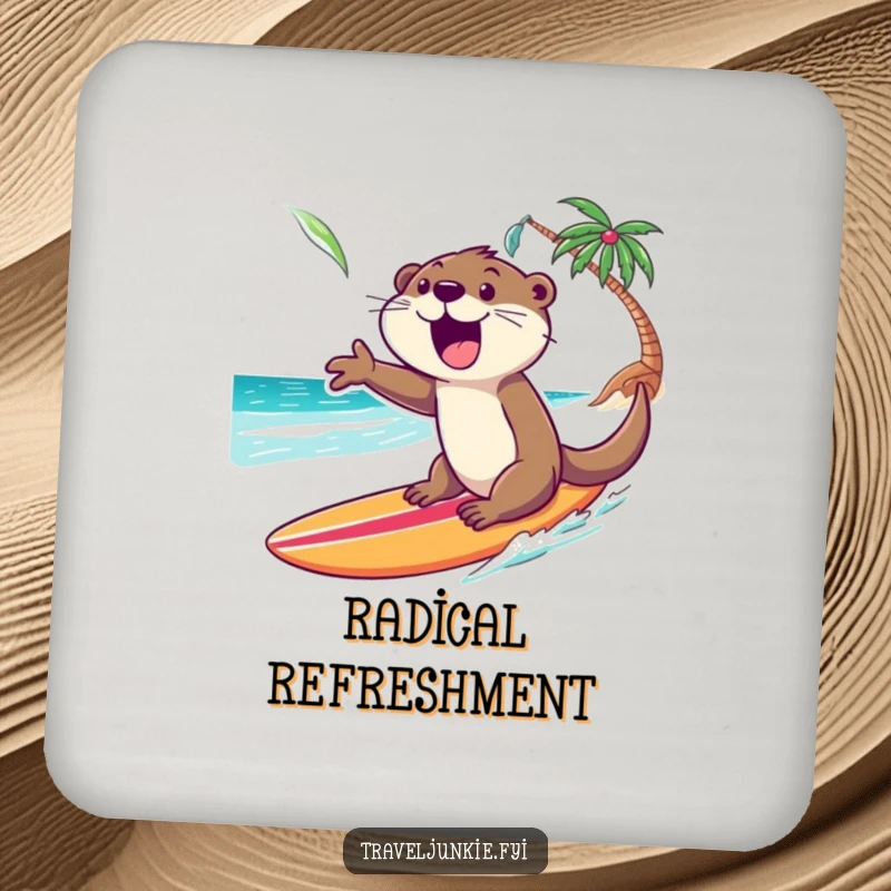 Funny Otter Coaster: An excited otter rides a surfboard towards a tropical shore, protecting furniture with playful beach humor.